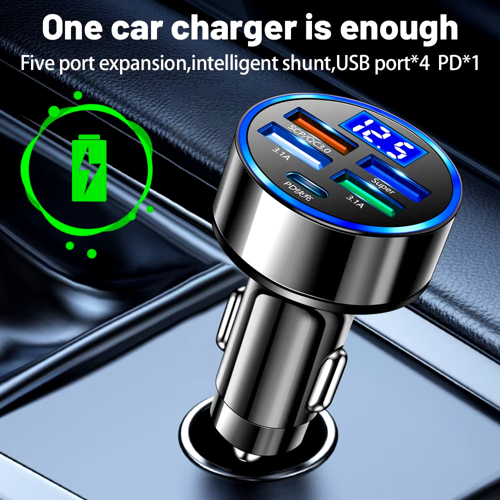 250W LED Car Charger 5 Ports Fast Charge PD QC3.0 USB C Car Phone Charger Type C Adapter in Car for Iphone Samsung Huawei Xiaomi