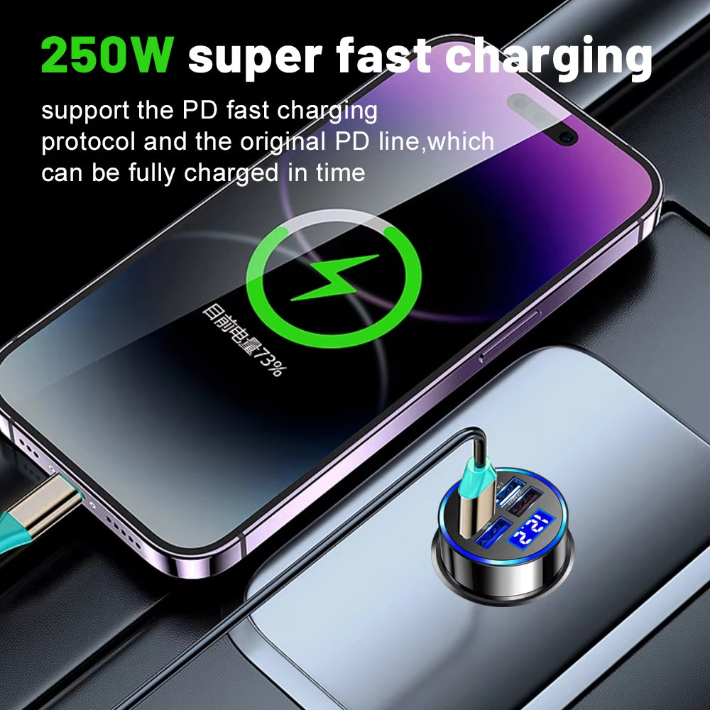 250W LED Car Charger 5 Ports Fast Charge PD QC3.0 USB C Car Phone Charger Type C Adapter in Car for Iphone Samsung Huawei Xiaomi