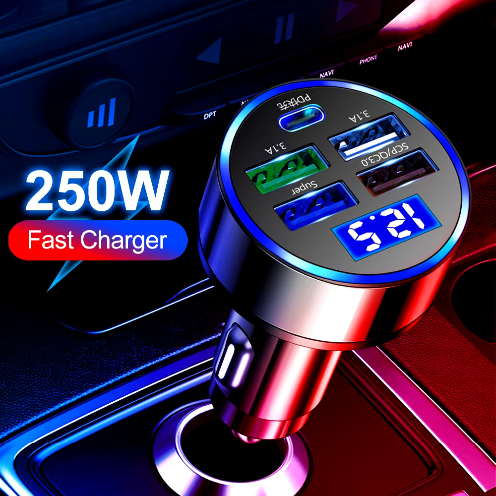 250W LED Car Charger 5 Ports Fast Charge PD QC3.0 USB C Car Phone Charger Type C Adapter in Car for Iphone Samsung Huawei Xiaomi