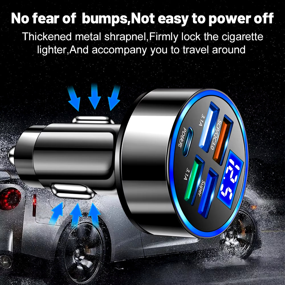 250W LED Car Charger 5 Ports Fast Charge PD QC3.0 USB C Car Phone Charger Type C Adapter in Car for Iphone Samsung Huawei Xiaomi